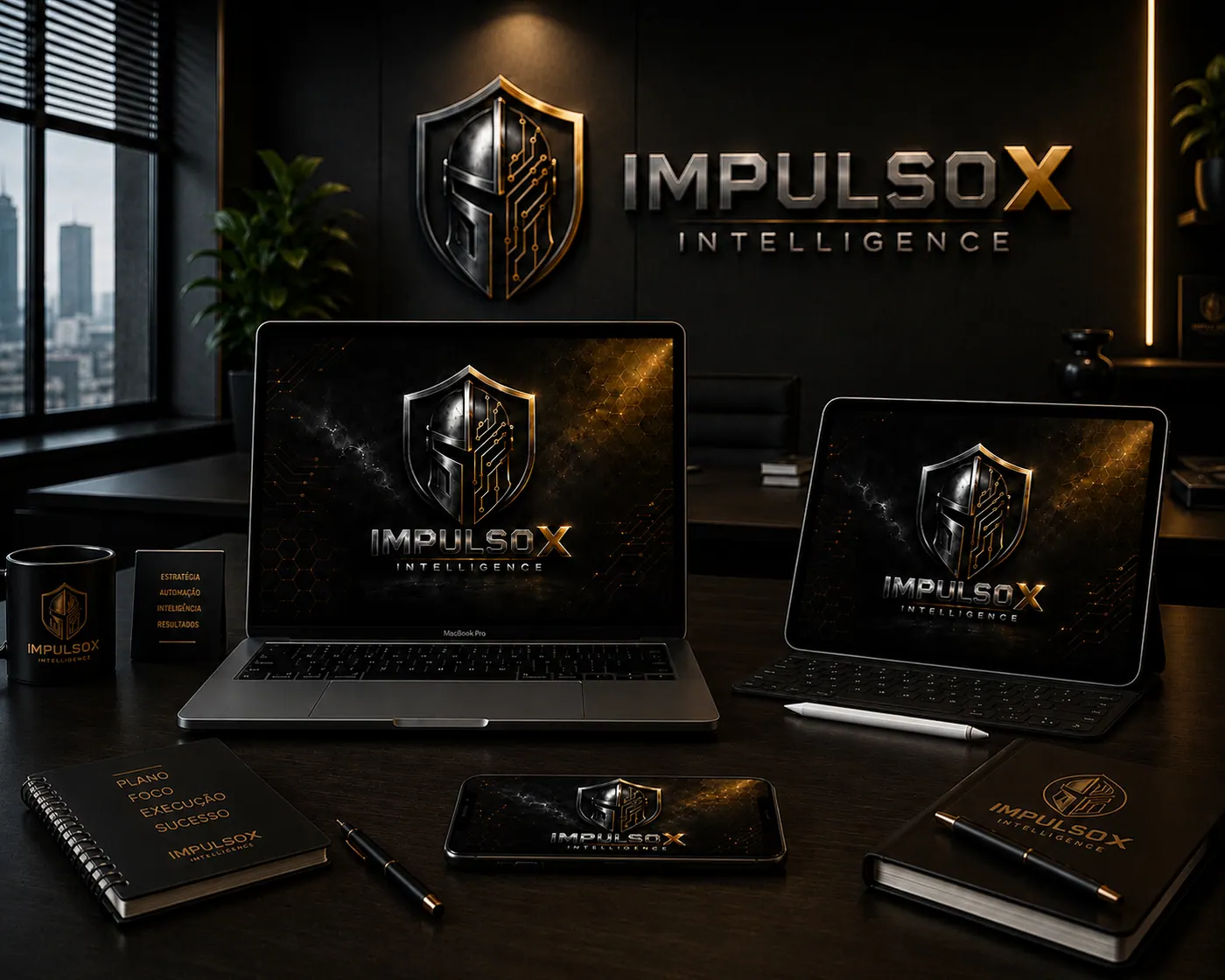 Ambiente de trabalho visual da Impulso X em tom escuro e dourado
